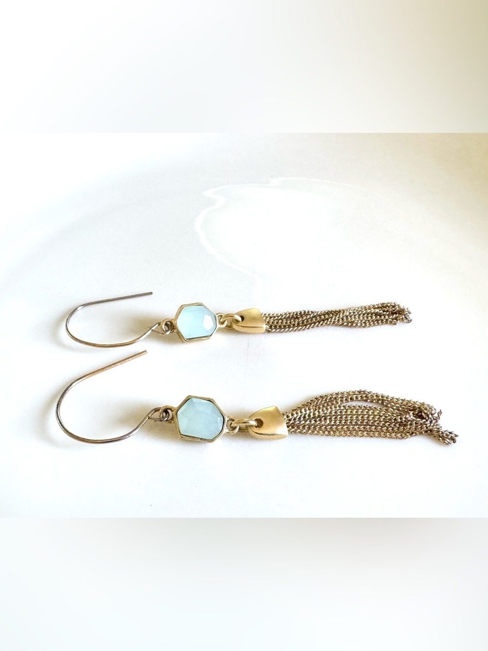 Gold Tassel Drop Earrings Chalcedony with Light Blue Hexagon Accents - Picture 4 of 8